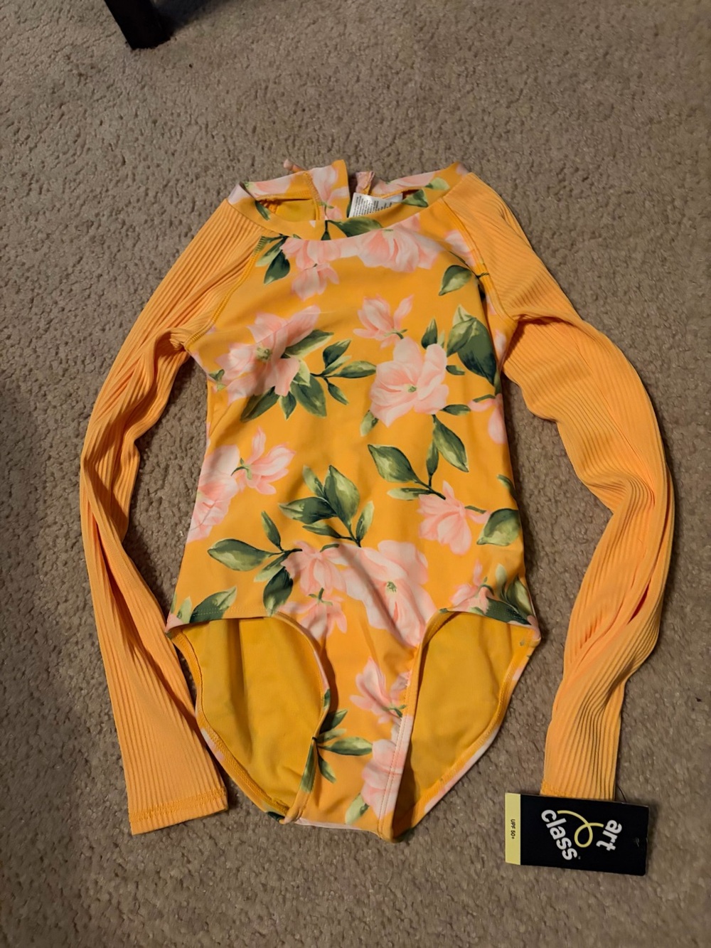 Girls youth art class Yellow Floral Long-Sleeve Swimsuit